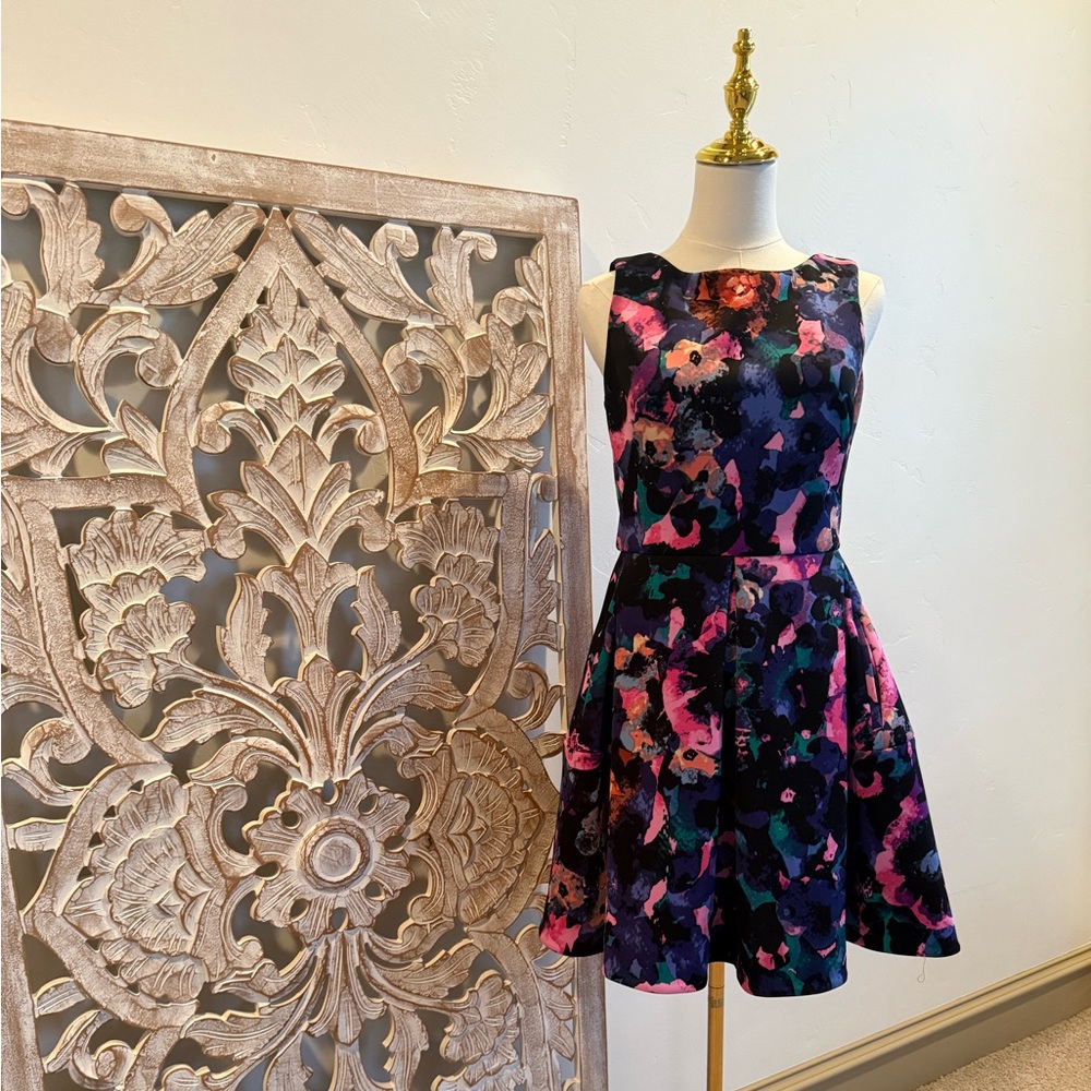 Vibrant Floral Watercolor Floral Fit & Flare Dress with Pockets – Feminine
